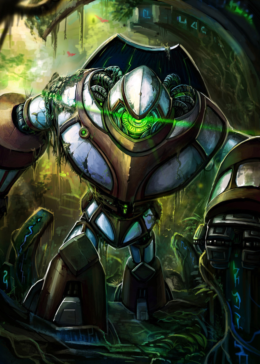 armor commentary_request copyright_request glowing highres moss no_humans official_art robot shield standing z.dk