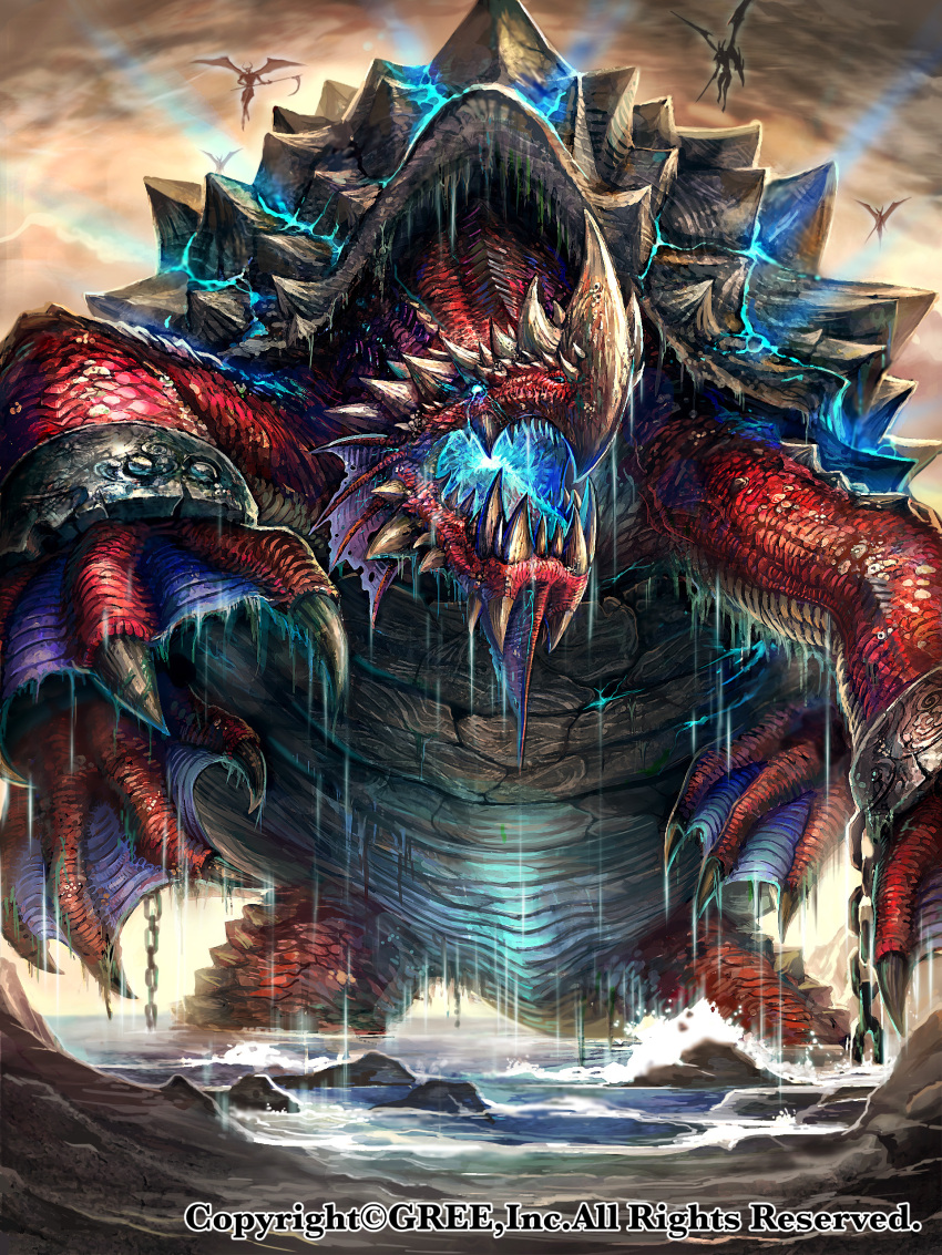 absurdres blue_eyes clouds cloudy_sky commentary_request demon dragon extra_eyes glowing glowing_eyes highres horn monster official_art open_mouth seisen_cerberus sky spikes turtle water watermark z.dk