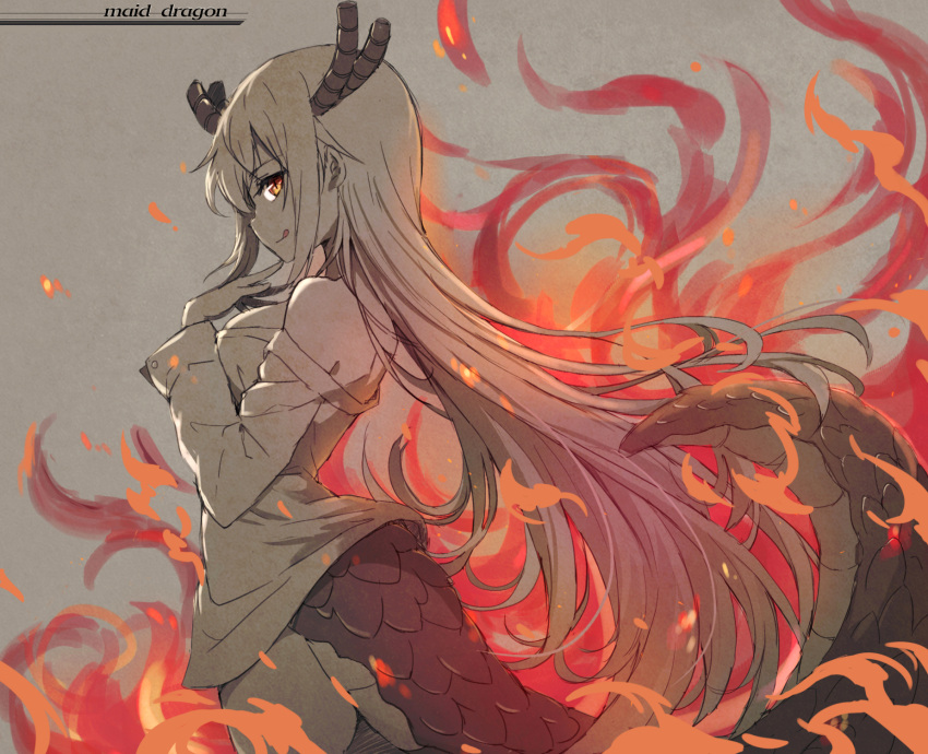1girl :q bare_shoulders breasts closed_mouth commentary copyright_name cowboy_shot dragon_girl dragon_horns dragon_tail english_commentary eyebrows_visible_through_hair fire from_side grey_background highres horns kobayashi-san_chi_no_maidragon long_hair long_sleeves looking_at_viewer looking_to_the_side medium_breasts no_pants off_shoulder orange_eyes scales shirt sidelocks simple_background smile solo standing tail tonee tongue tongue_out tooru_(maidragon) very_long_hair
