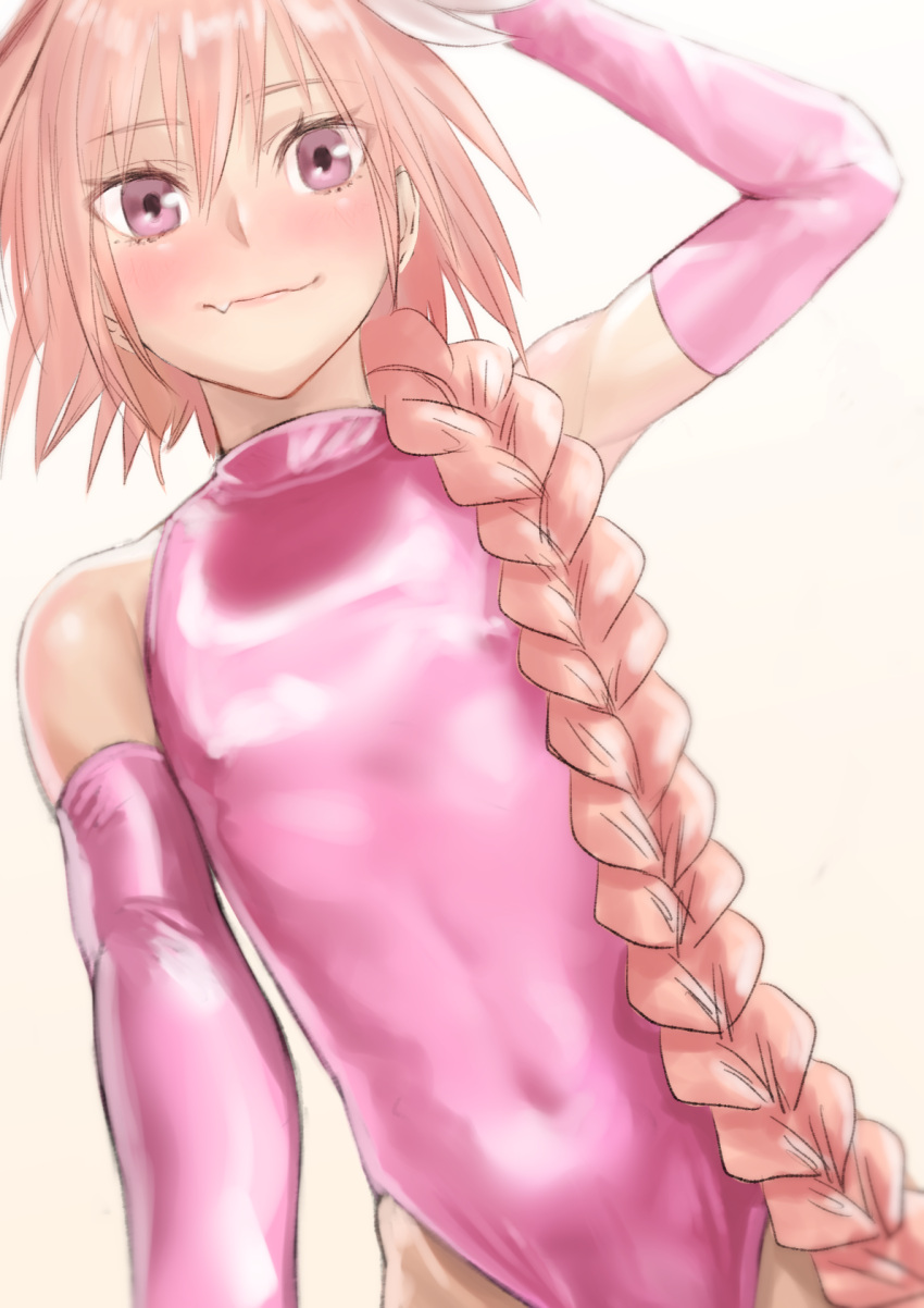 1boy astolfo_(fate) braid competition_swimsuit covered_navel fang fate/apocrypha fate/grand_order fate_(series) highres kilye_4421 long_braid looking_at_viewer male_focus multicolored_hair one-piece_swimsuit pink_hair single_braid smile solo streaked_hair swimsuit trap violet_eyes