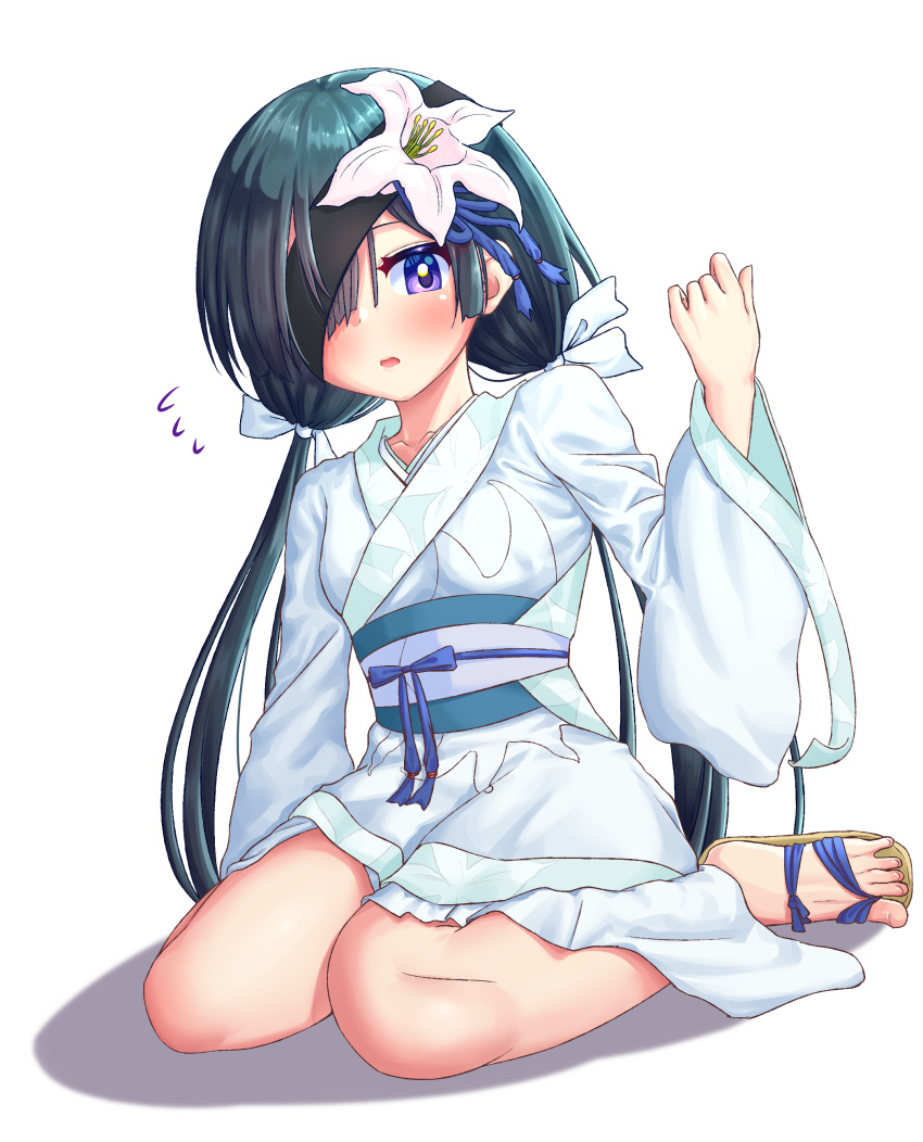 1girl absurdres black_hair bow chinese_clothes commentary_request cosplay eyepatch fate/grand_order fate_(series) flower hair_bow hair_flower hair_ornament hair_over_one_eye hanfu highres jing_ke_(fate/grand_order) jing_ke_(fate/grand_order)_(cosplay) long_sleeves low_twintails mkon mochizuki_chiyome_(fate/grand_order) one_eye_covered open_mouth sandals sitting solo twintails violet_eyes wariza white_bow white_flower wide_sleeves