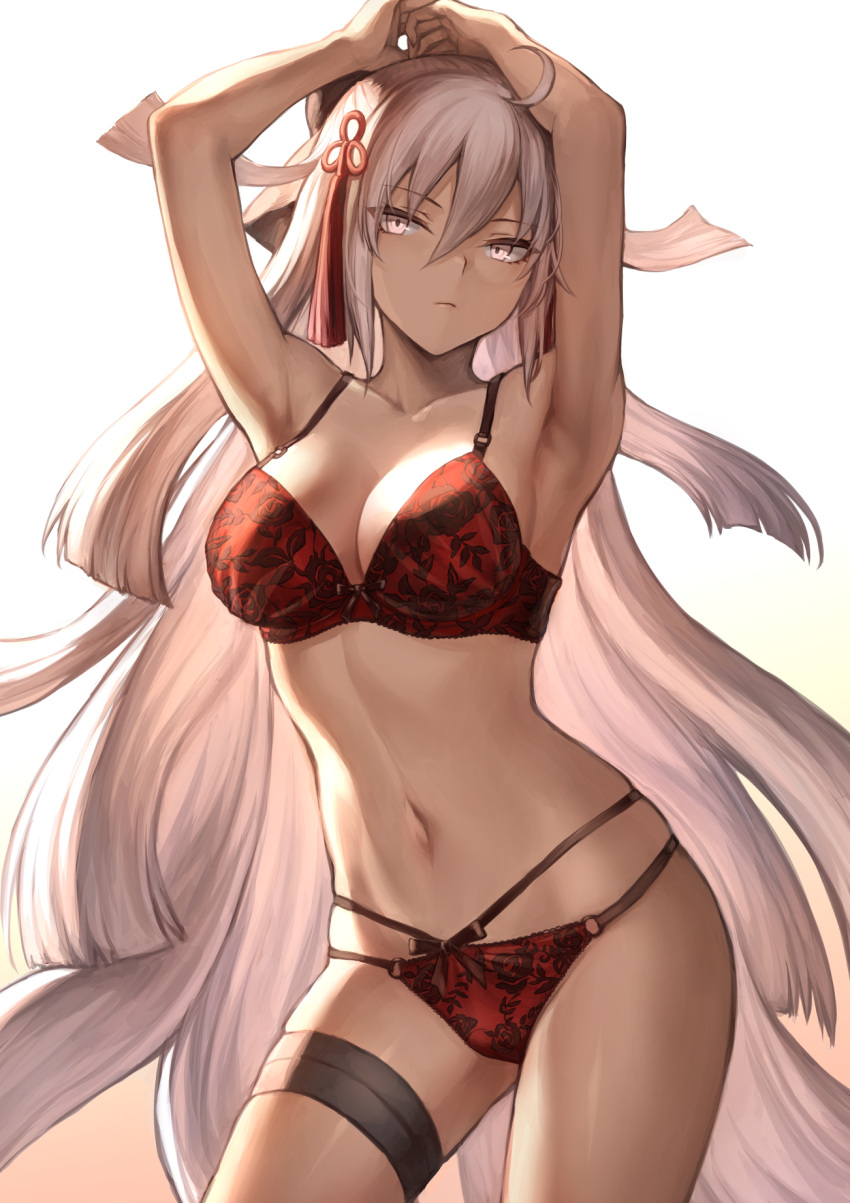1girl armpits arms_up bangs bare_shoulders black_bow bow bra breasts cleavage commentary_request dark_skin fate/grand_order fate_(series) grey_eyes hair_bow hair_ornament highres hips koha-ace large_breasts long_hair looking_at_viewer mashu_003 multi-strapped_panties navel okita_souji_(fate) okita_souji_alter_(fate) panties red_bra red_panties silver_hair solo thigh_strap thighs underwear very_long_hair waist