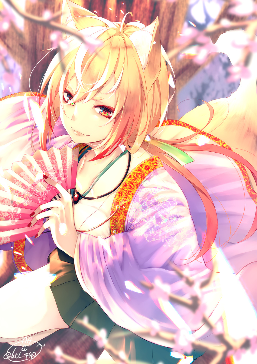 1girl animal_ears blonde_hair blurry blurry_background blurry_foreground breasts chita_(ketchup) closed_mouth commentary_request depth_of_field fan floral_print flower folding_fan fox_ears fox_girl fox_tail green_skirt hair_between_eyes haori highres holding holding_fan japanese_clothes kimono long_hair long_sleeves looking_at_viewer low_ponytail medium_breasts original pink_flower pleated_skirt ponytail red_eyes signature skirt smile solo standing standing_on_one_leg tail tree very_long_hair white_kimono wide_sleeves