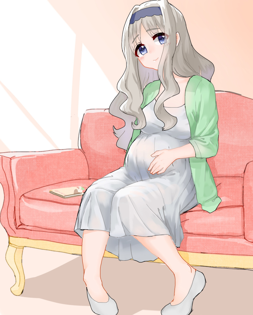 1girl absurdres blue_eyes book breasts commentary_request couch darling_in_the_franxx dress eyebrows_visible_through_hair hairband hand_on_own_stomach highres k-1783 kokoro_(darling_in_the_franxx) long_hair medium_breasts pregnant sitting smile solo white_dress