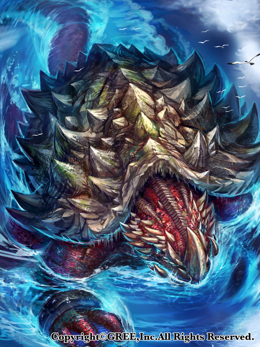 absurdres bird blue_eyes commentary_request dragon extra_eyes highres horn monster official_art partially_submerged seagull seisen_cerberus spikes turtle water watermark z.dk