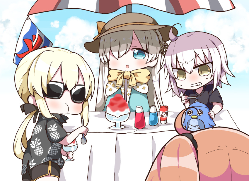 4girls :o absurdres ahoge anastasia_(fate/grand_order) artoria_pendragon_(all) bangs black_scrunchie black_shirt black_shorts blue_cloak blue_eyes blue_sky blush bottle bow brown_hair brown_hat clenched_teeth cloak closed_mouth clouds cloudy_sky commentary_request day eating eyebrows_visible_through_hair fate/apocrypha fate/grand_order fate/stay_night fate_(series) food_print fujimaru_ritsuka_(female) hair_between_eyes hair_ornament hair_over_one_eye hair_scrunchie hat highres holding holding_spoon jako_(jakoo21) jeanne_d'arc_(alter)_(fate) jeanne_d'arc_(fate)_(all) kooribata long_hair multiple_girls one_side_up outdoors parasol parted_lips pineapple_print print_shirt saber_alter scrunchie shaved_ice shirt short_shorts short_sleeves shorts silver_hair sky spoon sun_hat sunglasses sweat table teeth umbrella v-shaped_eyebrows very_long_hair yellow_bow yellow_eyes