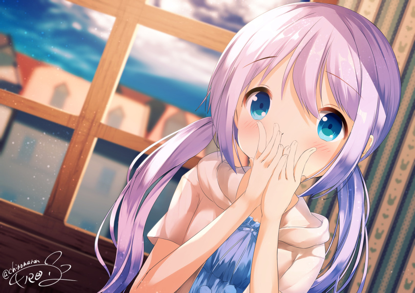 1girl bangs blue_dress blue_eyes blue_sky blurry blurry_background blush chinomaron clouds cloudy_sky commentary_request covering_mouth day depth_of_field dress dutch_angle eyebrows_visible_through_hair fingernails gochuumon_wa_usagi_desu_ka? hair_between_eyes hands_up hood hood_down hooded_jacket indoors jacket kafuu_chino long_hair looking_at_viewer low_twintails open_clothes open_jacket pom_pom_(clothes) purple_hair signature sky solo twintails very_long_hair white_jacket