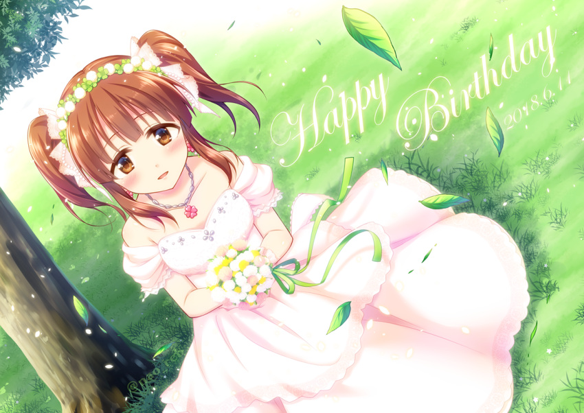1girl bare_shoulders bouquet brown_eyes brown_hair clover clover_hair_ornament commentary_request dated detached_sleeves dress earrings eyebrows_visible_through_hair flower four-leaf_clover grass green_ribbon hair_ornament hairband happy_birthday holding holding_bouquet idolmaster idolmaster_cinderella_girls jewelry leaf looking_at_viewer naoharu_(re_barna) necklace ogata_chieri parted_lips pink_dress ribbon smile solo tree twintails