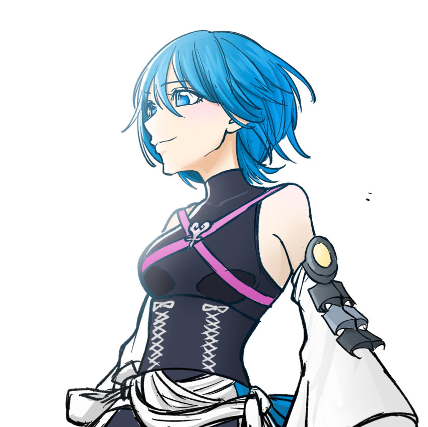 1girl aqua_(kingdom_hearts) bangs bare_shoulders blue_eyes blue_hair breasts closed_mouth detached_sleeves eyebrows_visible_through_hair hair_between_eyes highres kingdom_hearts kingdom_hearts_birth_by_sleep long_sleeves medium_breasts monokuro_(mono_9142_15x) short_hair simple_background smile solo turtleneck upper_body white_background wide_sleeves