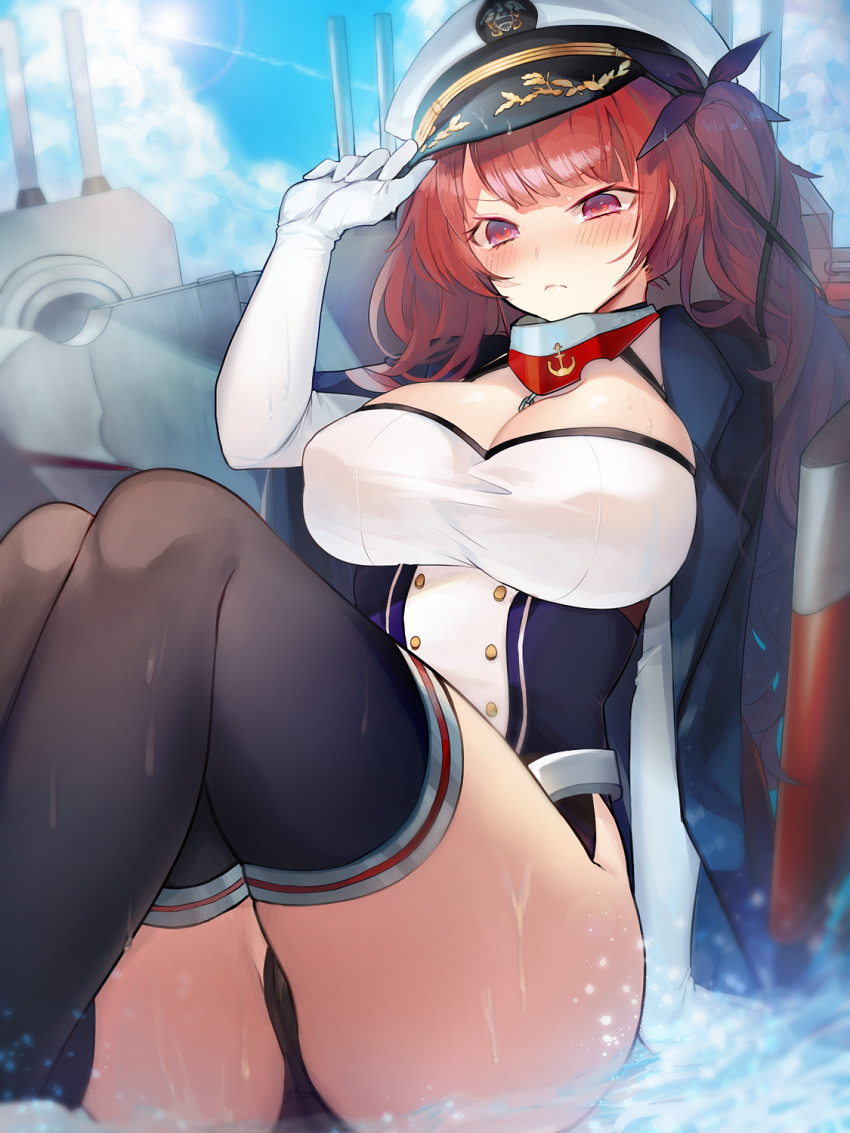 1girl adjusting_clothes adjusting_hat arm_support ass azur_lane bangs black_jacket black_legwear black_panties black_ribbon blue_sky blush breasts cannon chains choker cleavage closed_mouth clouds commentary day dress elbow_gloves eyebrows_visible_through_hair gloves hair_ribbon hat highres honolulu_(azur_lane) jacket jacket_on_shoulders kirie_nozomi large_breasts long_hair looking_at_viewer machinery outdoors panties peaked_cap red_eyes redhead ribbon rigging side_ponytail sidelocks sitting sitting_on_liquid skindentation sky solo sunlight thigh-highs thighs turrets twintails underwear wet white_gloves