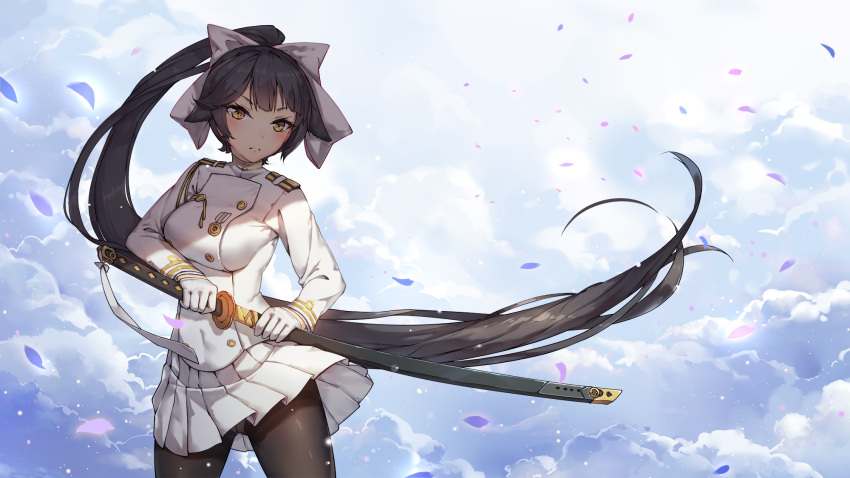 1girl aiguillette azur_lane bangs black_hair black_legwear blush bow breasts buttons closed_mouth clouds cloudy_sky commentary_request cowboy_shot dsknight fighting_stance gloves hair_bow hair_flaps head_tilt highres holding holding_sword holding_weapon katana long_hair looking_at_viewer military military_uniform mole mole_under_eye negative_space panties panties_under_pantyhose pantyhose pantyshot petals pleated_skirt ponytail ribbon skirt sky solo standing sword takao_(azur_lane) underwear uniform weapon white_bow white_gloves white_panties white_ribbon white_skirt wind wind_lift yellow_eyes