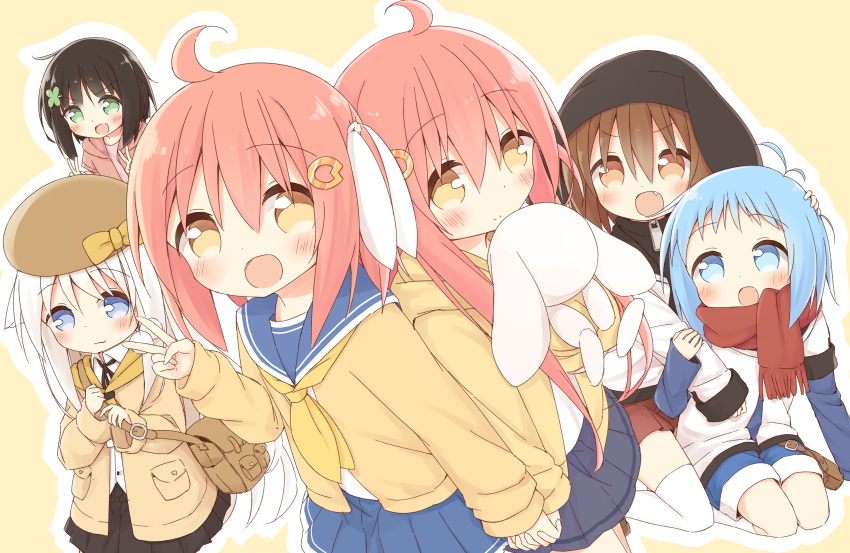 6+girls :3 :d absurdres ahoge animal_ears animal_hat ayanepuna bangs beret black_hat black_skirt blue_eyes blue_hair blue_sailor_collar blue_shirt blue_shorts blue_skirt blush brown_background brown_cardigan brown_eyes brown_hair brown_hat brown_jacket bunny_hat cardigan closed_mouth ears_down eyebrows_visible_through_hair fang fringe green_eyes hair_between_eyes hair_ornament hair_ribbon hairclip hat highres jacket kneehighs long_hair long_sleeves multiple_girls neckerchief object_hug one_side_up open_cardigan open_clothes open_jacket open_mouth original outline pink_hair pink_shirt pleated_skirt rabbit_ears red_scarf ribbon sailor_collar scarf school_uniform serafuku shirt short_over_long_sleeves short_shorts short_sleeves shorts silver_hair skirt sleeves_past_wrists smile stuffed_animal stuffed_bunny stuffed_toy thigh-highs v v-shaped_eyebrows very_long_hair white_jacket white_legwear white_outline white_ribbon white_shirt yellow_neckwear
