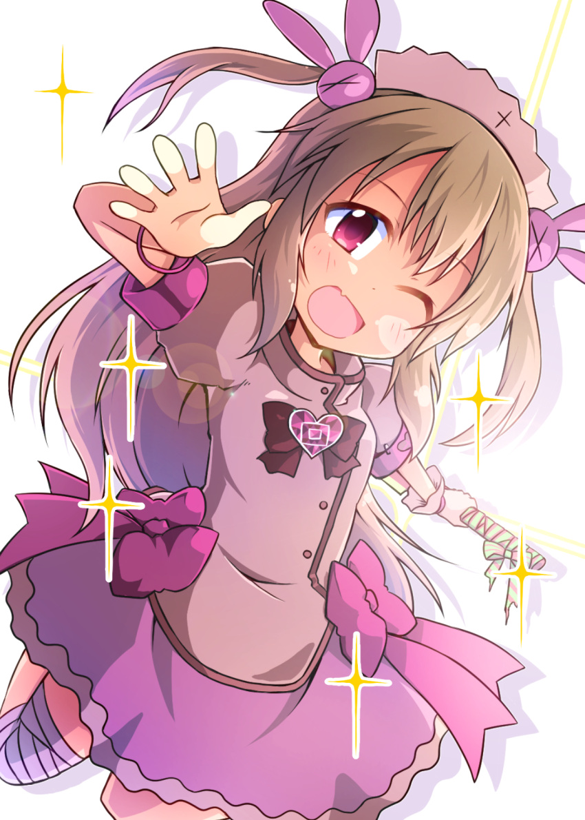 1girl ;d bow bunny_hair_ornament fang hair_ornament hat highres light_brown_hair long_hair looking_at_viewer natori_sana nurse_cap one_eye_closed open_mouth puffy_short_sleeves puffy_sleeves purple_skirt red_eyes sana_channel short_sleeves simple_background skirt smile solo two_side_up virtual_youtuber white_background yuuhi_alpha