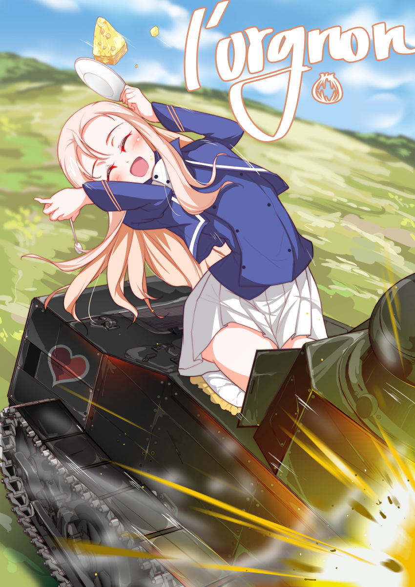 1girl absurdres bc_freedom_(emblem) bc_freedom_military_uniform blonde_hair cake chengcheng2b clouds day emblem food french ft-17 girls_und_panzer green_eyes ground_vehicle highres long_hair marie_(girls_und_panzer) military military_vehicle motor_vehicle mountain saucer sky smile spoon tank translated
