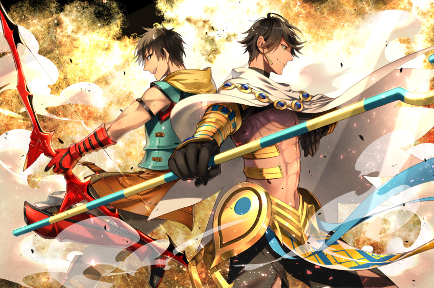 2boys arash_(fate) armlet armor black_eyes black_hair boots bow_(weapon) cape closed_mouth cowboy_shot earrings fate/grand_order fate/prototype fate/prototype:_fragments_of_blue_and_silver fate_(series) gloves holding holding_staff jewelry knee_boots male_focus multiple_boys muscle noes ozymandias_(fate) profile red_footwear red_gloves shirtless smile staff weapon white_cape
