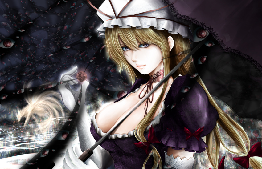 1girl amaseu_(be_bunny) bangs blonde_hair breasts cityscape cleavage commentary_request dress elbow_gloves expressionless eyeballs gap gloves hair_between_eyes hat hat_ribbon highres holding holding_umbrella kitsune kubrick_stare lace_choker large_breasts lips long_hair looking_at_viewer low-tied_long_hair mob_cap moon purple_dress ribbon solo touhou umbrella upper_body violet_eyes white_gloves yakumo_yukari