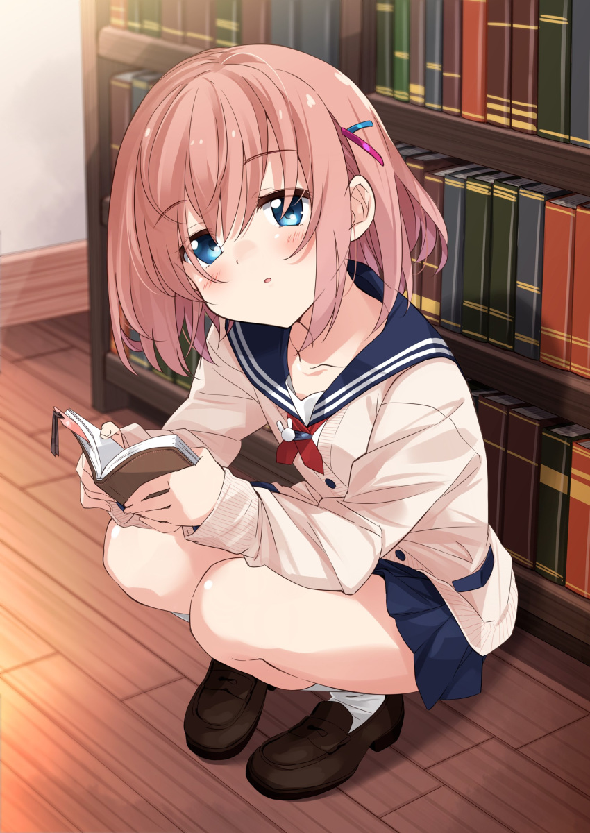 1girl absurdres blue_eyes book bookshelf cardigan collarbone commentary_request hair_ornament hairclip head_tilt highres light_brown_hair loafers long_sleeves looking_at_viewer miniskirt mousou_(mousou_temporary) original pleated_skirt sailor_collar school_uniform serafuku shoes skirt socks solo squatting white_legwear