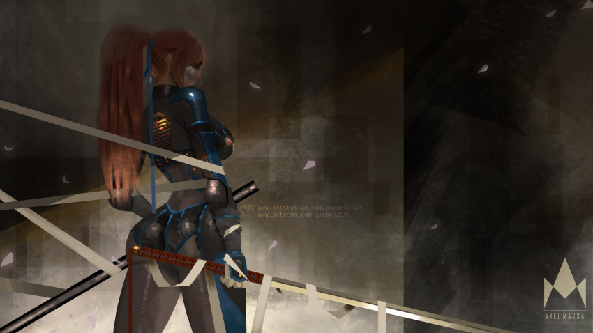 1girl arm_guards ass axouel2009 black_bodysuit blue_ribbon bodysuit breasts commentary dead_or_alive from_behind gloves hair_ribbon hair_tie highres holding holding_sword holding_weapon kasumi_(doa) large_breasts ninja orange_hair ponytail ribbon shaded_face sheath sideboob skin_tight sword weapon