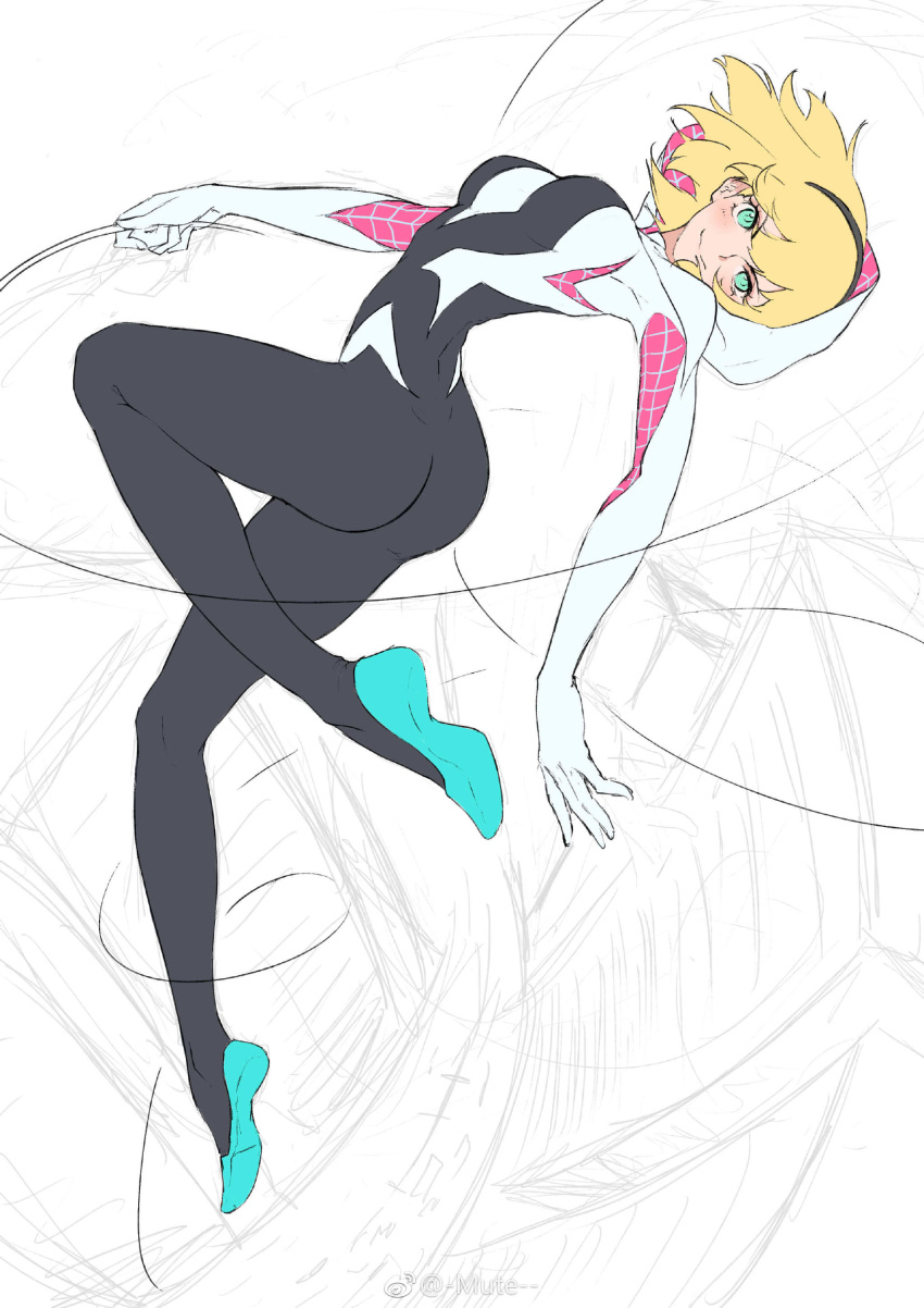 1girl absurdres aqua_eyes arched_back ass blonde_hair bodysuit breasts closed_mouth dimples_of_venus full_body hairband highres hood hoodie impossible_bodysuit impossible_clothes leg_up medium_breasts muta_(csw) short_hair simple_background sketch smile solo spider-gwen spider-man_(series) white_background