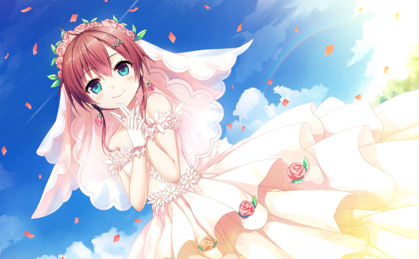 1girl bangs bare_shoulders blue_eyes blue_sky blush breasts bridal_veil closed_mouth clouds collarbone confetti cura day dress dutch_angle enty_reward eyebrows_visible_through_hair flower gloves hair_between_eyes hair_flower hair_ornament hairclip hands_up highres jewelry long_hair maitetsu migita_hibiki outdoors paid_reward pink_flower pink_rose redhead ring rose see-through sky small_breasts smile solo strapless strapless_dress veil wedding_band wedding_dress white_dress white_flower white_gloves