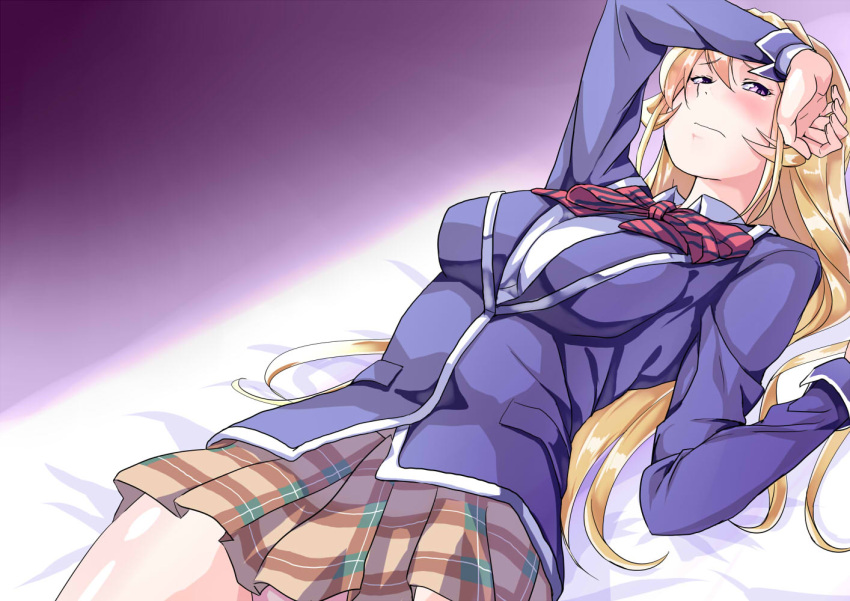 1girl arm_on_head bed blazer blonde_hair blue_blazer blush bow breasts frown jacket kksukeke large_breasts long_hair looking_away lying nakiri_erina on_back pleated_skirt school_uniform shokugeki_no_souma skirt solo very_long_hair violet_eyes