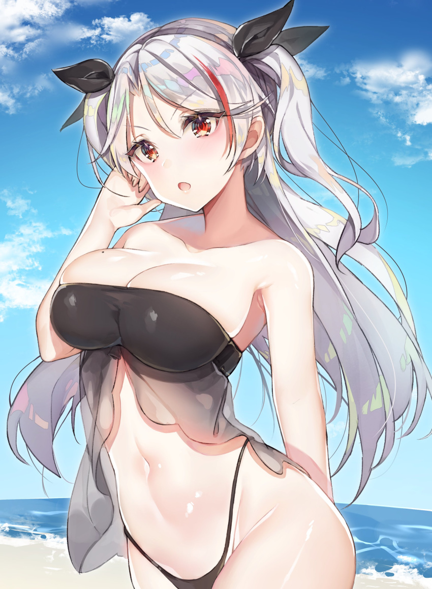 1girl absurdres arms_behind_back azur_lane beach bikini black_bikini blue_sky breasts clouds cloudy_sky commentary_request day hair_ribbon highleg highleg_bikini highres large_breasts long_hair mole mole_on_breast multicolored_hair navel prinz_eugen_(azur_lane) red_eyes ribbon silver_hair skindentation sky solo streaked_hair swimsuit two_side_up yayoichi_(yoruyoru108)