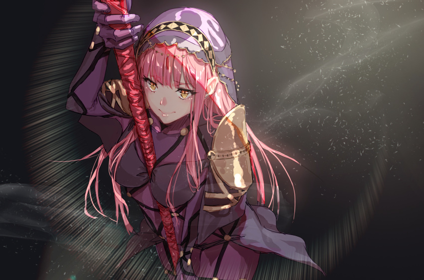 1girl absurdres arm_up bangs between_breasts bodysuit breasts closed_mouth commentary_request cosplay eyebrows_visible_through_hair fate/grand_order fate_(series) highres holding long_hair medb_(fate/grand_order) medium_breasts pink_hair purple_bodysuit rolua scathach_(fate/grand_order) scathach_(fate/grand_order)_(cosplay) solo veil very_long_hair yellow_eyes
