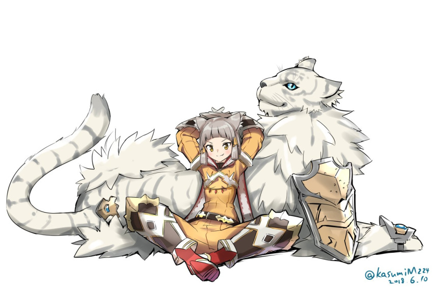 1girl animal animal_ears bangs blunt_bangs bodysuit byakko_(xenoblade) cat_ears gloves looking_at_viewer misu_kasumi niyah short_hair silver_hair simple_background smile tiger white_gloves xenoblade_(series) xenoblade_2 yellow_bodysuit yellow_eyes