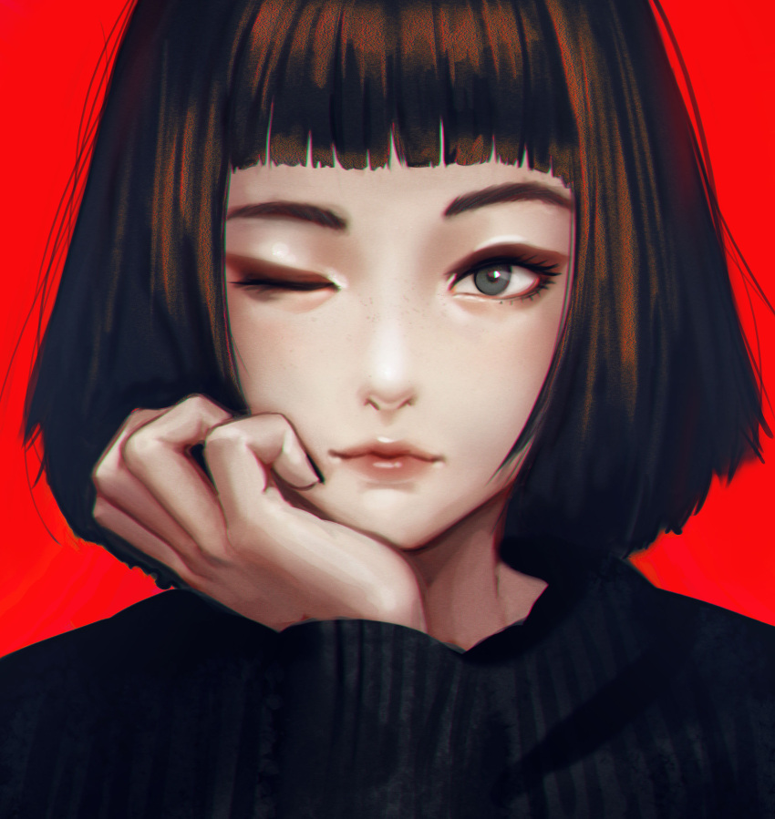 1girl ;&lt; absurdres bangs black_sweater blunt_bangs brown_hair closed_mouth grey_eyes hand_on_own_cheek highres jungon_kim long_sleeves one_eye_closed original red_background short_hair solo sweater