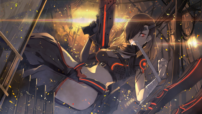 1girl bandage bandaged_arm black_gloves blush breasts brown_hair character_request cleavage dark_skin eyepatch fingerless_gloves forever_7th_capital gloves gun hao_(patinnko) holding holding_gun holding_weapon large_breasts long_hair navel parted_lips red_eyes solo teeth weapon