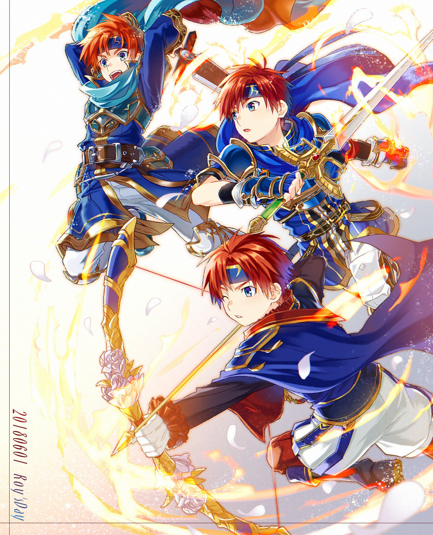 armor blue_eyes bow_(weapon) cape cosplay dual_persona durandal_(fire_emblem) eliwood_(fire_emblem) eliwood_(fire_emblem)_(cosplay) fire fire_emblem fire_emblem:_fuuin_no_tsurugi fire_emblem:_rekka_no_ken fire_emblem_heroes headband highres holding holding_weapon male_focus multiple_boys one_eye_closed open_mouth redhead roy_(fire_emblem) short_hair smile sword weapon yuki_(yukin0128)