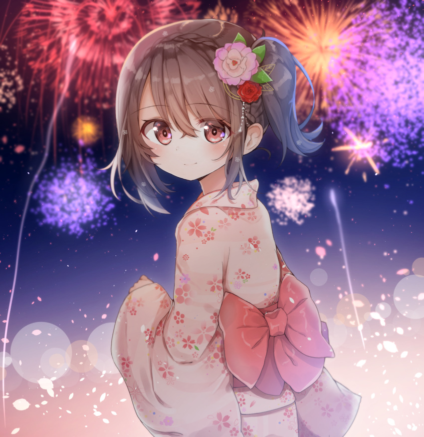 1girl aerial_fireworks back_bow bangs blurry blurry_background blush bow brown_eyes brown_hair cherry_blossom_print closed_mouth depth_of_field eyebrows_visible_through_hair fireworks floral_print flower hair_between_eyes hair_flower hair_ornament highres himemiya_shuang japanese_clothes kimono long_sleeves looking_at_viewer looking_to_the_side night night_sky original outdoors pink_flower pink_kimono print_kimono red_bow red_flower sky sleeves_past_wrists smile solo star_(sky) starry_sky wide_sleeves