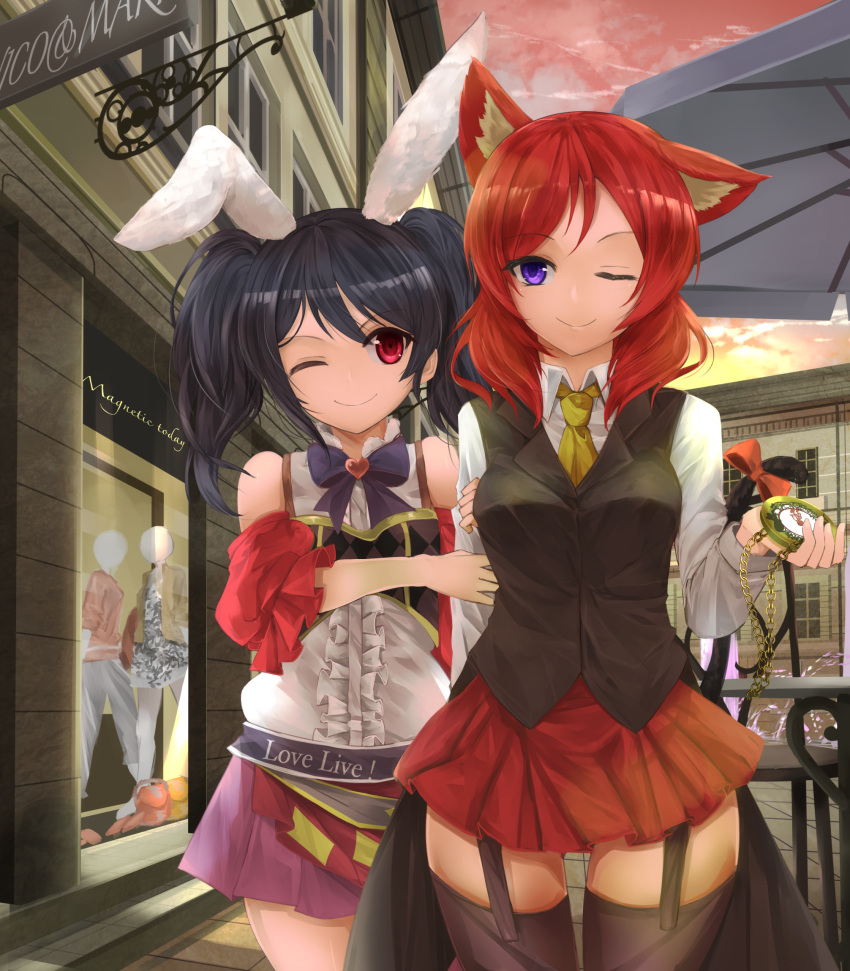 2girls alternate_costume animal_ears black_hair building cat_ears cat_tail detached_sleeves eyebrows_visible_through_hair garter_straps highres holding_arm long_hair looking_at_another love_live! love_live!_school_idol_festival love_live!_school_idol_project multiple_girls neck_ribbon necktie nishikino_maki one_eye_closed orein outdoors pocket_watch rabbit_ears red_eyes redhead ribbon road short_hair skirt smile street tail thigh-highs twintails vest violet_eyes watch yazawa_nico zettai_ryouiki