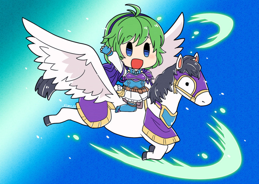 1girl arm_up armor belt belt_pouch blue_eyes blue_gloves boots breastplate cape chibi fingerless_gloves fire_emblem fire_emblem:_rekka_no_ken fire_emblem_heroes flyer_27 gloves green_hair hairband miniskirt nino_(fire_emblem) open_mouth pegasus pegasus_knight pouch riding short_hair shoulder_armor skirt solo thigh-highs thigh_boots white_skirt