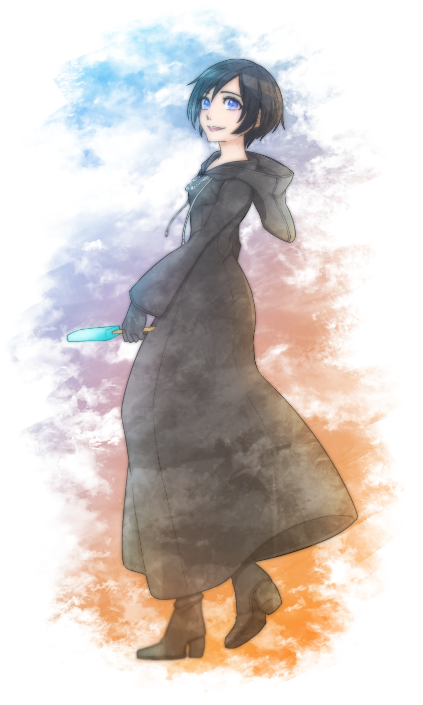 1girl :d bangs black_coat black_coat_(kingdom_hearts) black_footwear black_gloves black_hair blue_eyes boots coat food full_body gloves hair_between_eyes high_heel_boots high_heels highres holding hood kingdom_hearts kingdom_hearts_358/2_days long_sleeves monokuro_(mono_9142_15x) open_mouth organization_xiii popsicle short_hair smile solo standing standing_on_one_leg teeth xion_(kingdom_hearts)