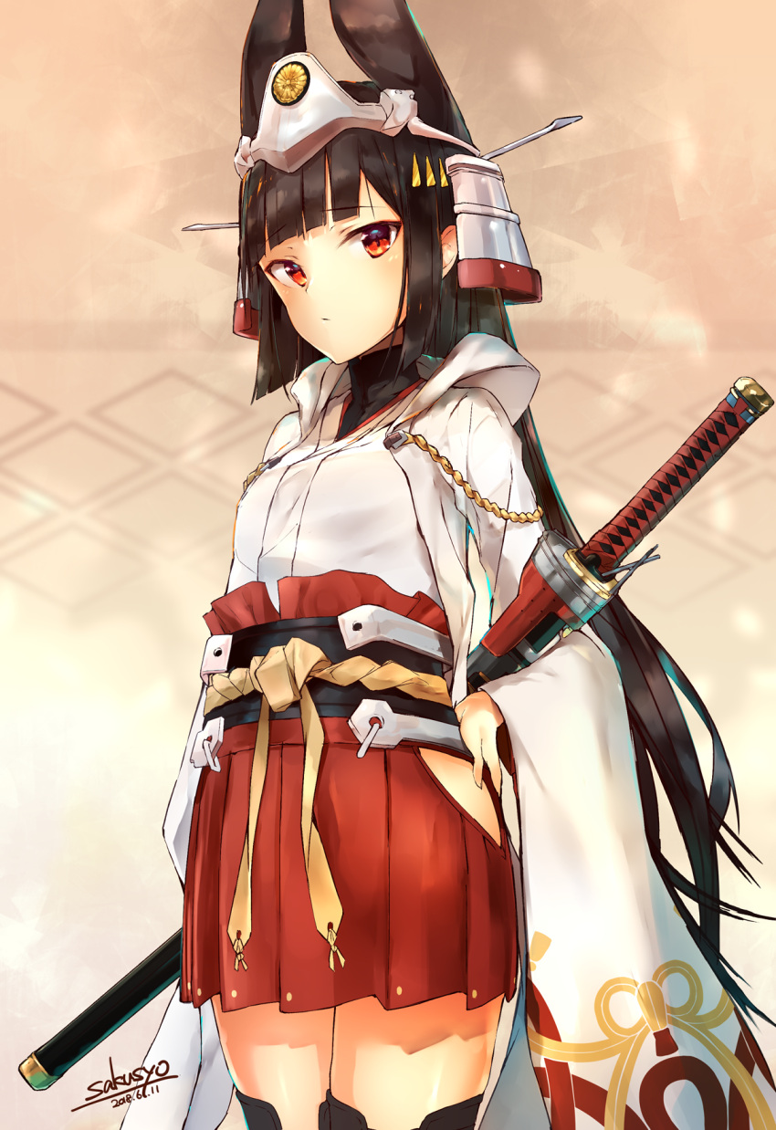 1girl animal_ears azur_lane bangs black_hair black_legwear blush closed_mouth commentary_request dated eyebrows_visible_through_hair hand_on_hip headpiece highres japanese_clothes katana kimono long_hair long_sleeves looking_at_viewer nagato_(azur_lane) nagato_(azur_lane)_(old_design) pleated_skirt red_eyes red_skirt sakusyo sheath sheathed short_kimono signature skirt solo sword thigh-highs very_long_hair weapon white_kimono wide_sleeves