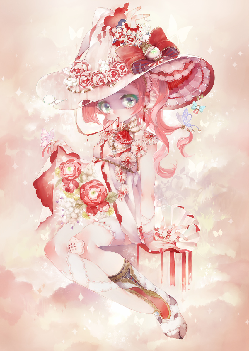 1girl bow bug butterfly chino_machiko dress eyelashes flower green_eyes hat hat_bow hat_flower highres insect invisible_chair looking_at_viewer mouth_hold original pink_hair red_bow red_flower red_rose rose sitting solo white_dress witch_hat