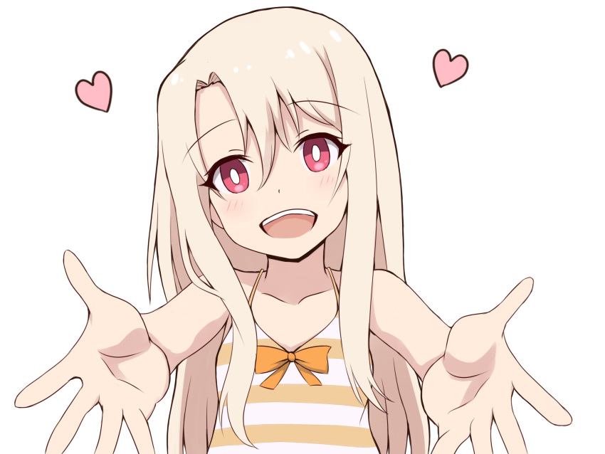 1girl :d bangs bare_arms bare_shoulders blonde_hair blush bow breasts camisole collarbone commentary_request eyebrows_visible_through_hair fate/kaleid_liner_prisma_illya fate/stay_night fate_(series) hair_between_eyes heart highres illyasviel_von_einzbern long_hair looking_at_viewer mitchi open_mouth orange_bow outstretched_arms red_eyes simple_background small_breasts smile solo striped striped_camisole upper_teeth very_long_hair white_background white_pupils