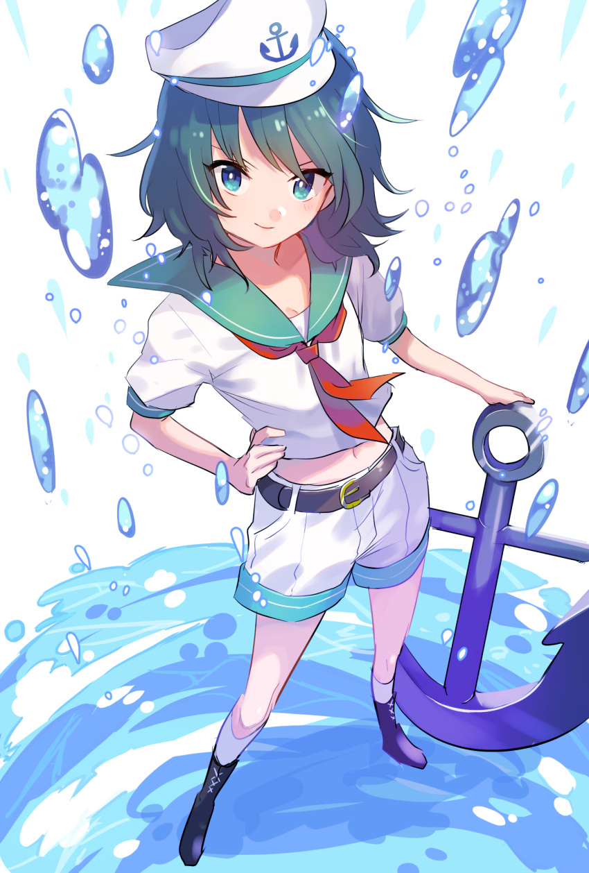 1girl anchor belt black_hair blue_eyes boots commentary_request full_body hand_on_hip hat highres looking_at_viewer medium_hair murasa_minamitsu navel neckerchief red_neckwear sailor sailor_collar sailor_hat shorts solo standing touhou toyosaka water