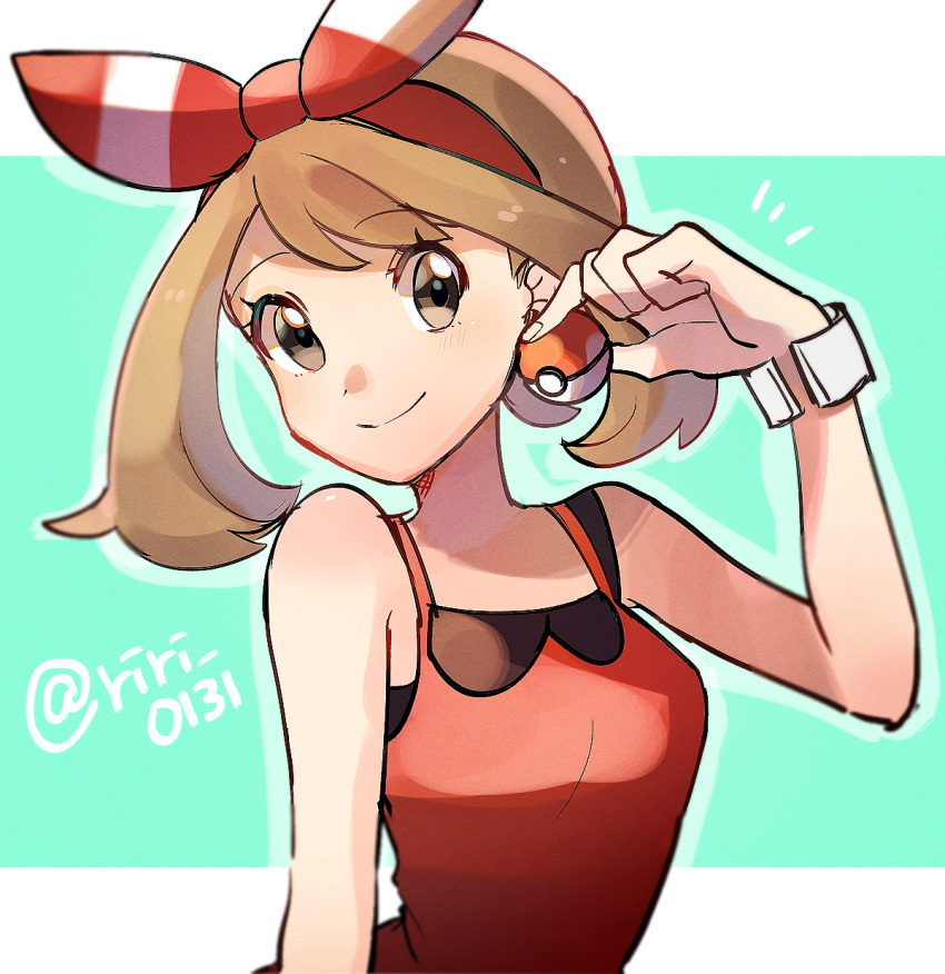 1girl bare_shoulders breasts brown_hair closed_mouth eyebrows_visible_through_hair grey_eyes hairband haruka_(pokemon) highres holding holding_poke_ball looking_at_viewer medium_breasts medium_hair poke_ball poke_ball_(generic) pokemon pokemon_(game) pokemon_oras red_hairband red_ribbon red_shirt ribbon ririmon shirt smile solo tank_top twitter_username upper_body