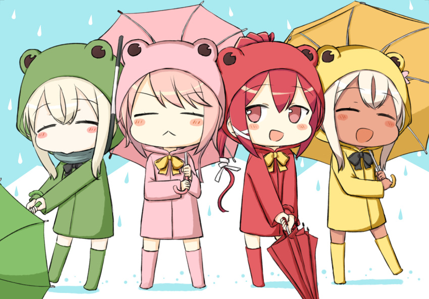4girls :&lt; :d ^_^ ^o^ alternate_costume animal_costume bangs blonde_hair blush boots bow bowtie closed_eyes coat commentary_request engiyoshi flower frog_costume green_coat hair_between_eyes holding holding_umbrella i-168_(kantai_collection) i-58_(kantai_collection) kantai_collection long_sleeves multiple_girls open_mouth pink_coat pink_hair raincoat red_coat red_eyes redhead ro-500_(kantai_collection) smile tan u-511_(kantai_collection) umbrella v-shaped_eyebrows water_drop white_hair yellow_coat