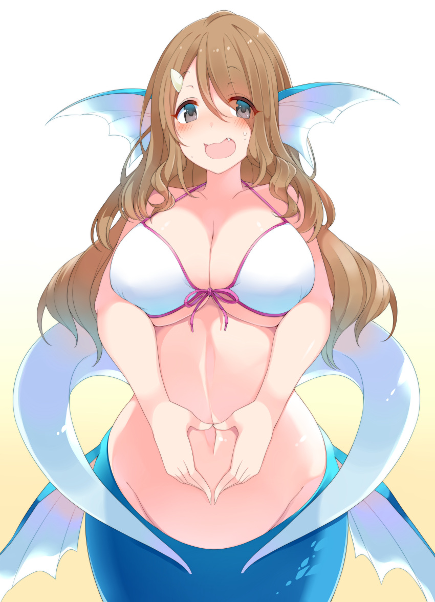 1girl absurdres bikini bikini_top blush breasts brown_hair cleavage fang fish_tail front-tie_top gradient gradient_background grey_eyes hair_ornament hairclip head_fins heart heart_hands highres large_breasts long_hair looking_at_viewer matsunoki_(unknown_751) mermaid monster_girl navel open_mouth original simple_background smile solo sweat swimsuit tail white_bikini