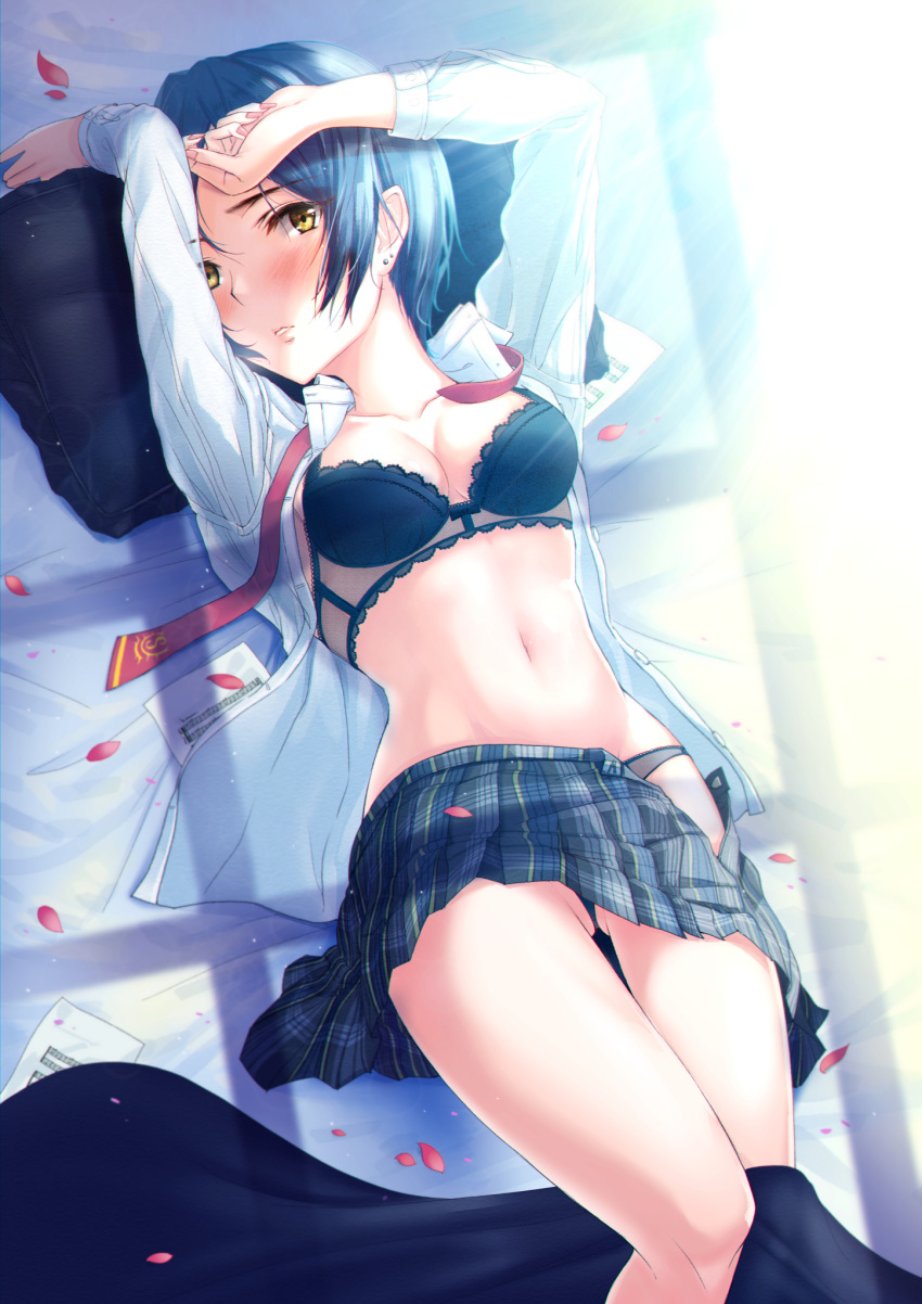 1girl arms_up bangs black_bra black_hair black_panties bra breasts eyebrows_visible_through_hair fumiya-taketatsu hayami_kanade highres idolmaster idolmaster_cinderella_girls lace lace-trimmed_bra lace-trimmed_panties looking_at_viewer lying medium_breasts navel necktie on_back open_clothes open_mouth open_shirt panties parted_bangs petals school_uniform sheet_music short_hair solo underwear undressing yellow_eyes