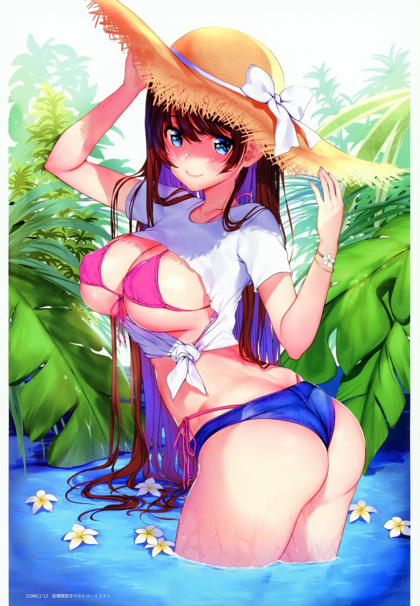 1girl absurdres hat highres huge_filesize long_hair matarou_(genkai_toppa) original straw_hat swimsuit