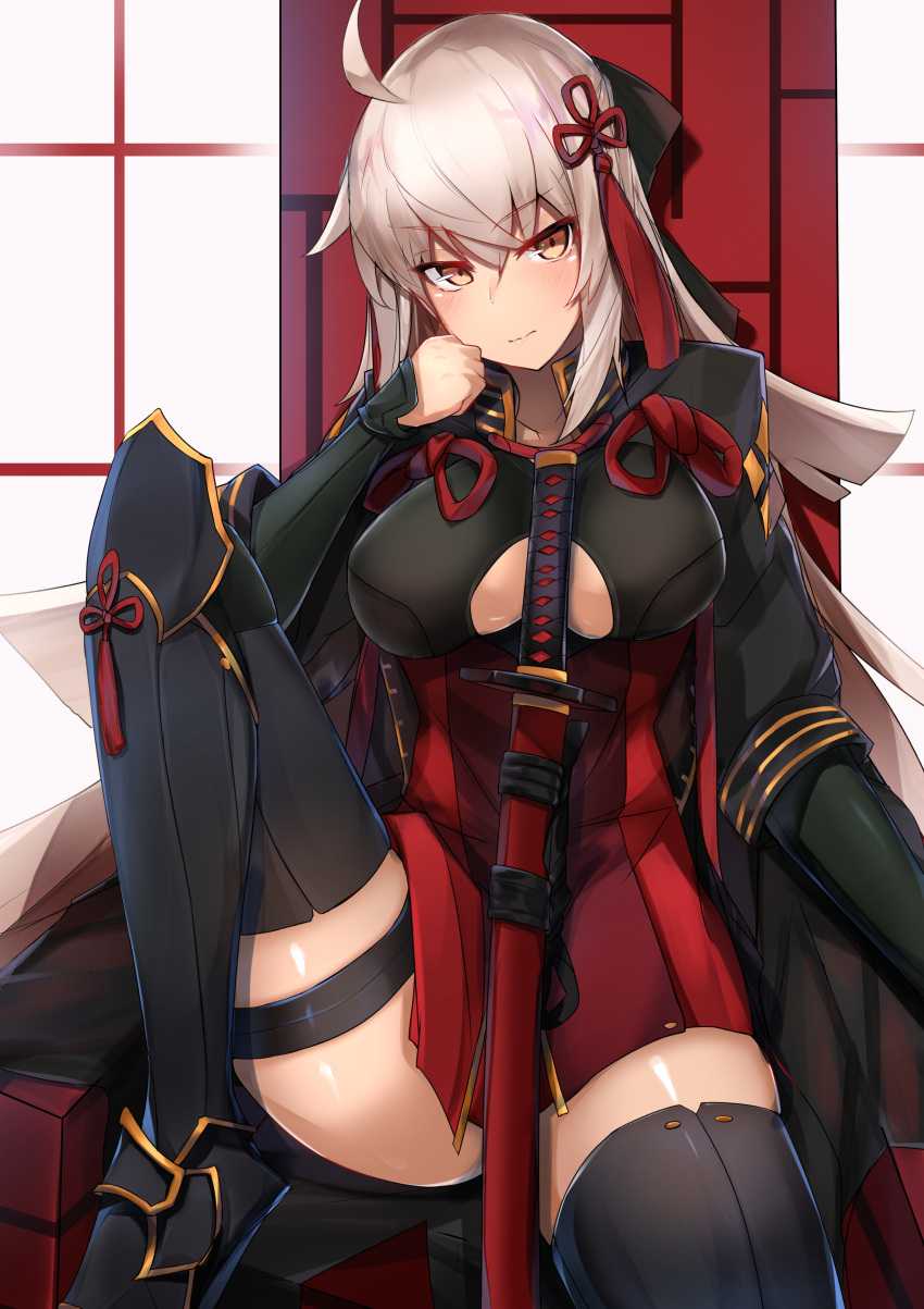 1girl absurdres ahoge arm_guards armor bangs black_bow black_coat black_legwear bow breasts closed_mouth commentary_request dark_skin eyebrows_visible_through_hair fate/grand_order fate_(series) hair_between_eyes hair_bow hair_ornament highres japanese_armor katana knee_up koha-ace large_breasts long_hair looking_at_viewer majin_saber nanakaku okita_souji_(fate) okita_souji_alter_(fate) red_skirt sitting skirt solo suneate sword thigh_strap thighs under_boob very_long_hair weapon white_hair yellow_eyes