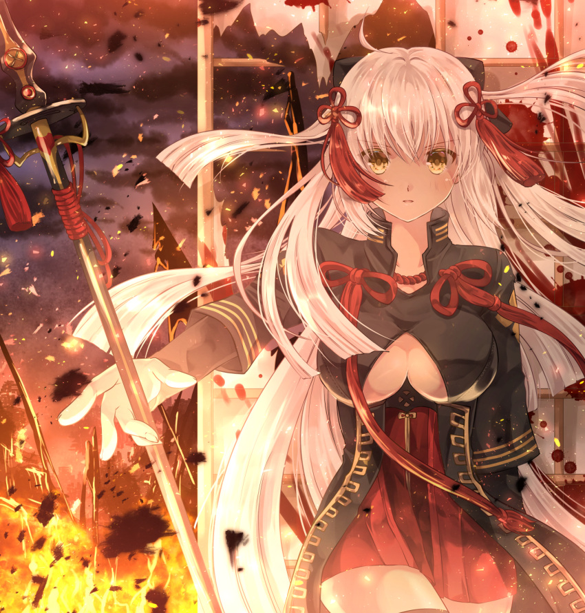 1girl ahoge bangs black_bow black_jacket black_legwear bow breasts brown_eyes building burning clouds cloudy_sky commentary_request damaged dark_skin eyebrows_visible_through_hair fate/grand_order fate_(series) fire hair_between_eyes hair_bow hair_ornament high-waist_skirt highres iroha_(shiki) jacket koha-ace long_hair long_sleeves majin_saber medium_breasts okita_souji_alter_(fate) outdoors outstretched_arm pleated_skirt red_skirt short_over_long_sleeves short_sleeves silver_hair skirt sky solo thigh-highs very_long_hair