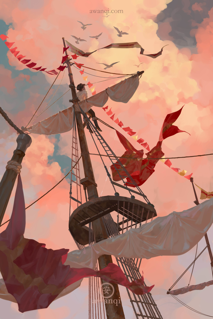 1boy absurdres awanqi bird blue_sky boat brown_hair clouds flock highres looking_up male_focus mast original outdoors rigging seagull ship sitting sky string_of_flags watercraft watermark