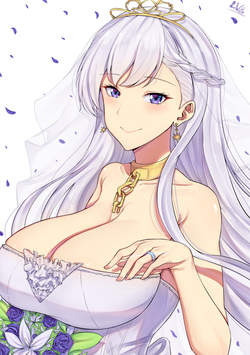 1girl absurdres artist_name asymmetrical_bangs azur_lane band-width bangs belfast_(azur_lane) blue_flower blush bouquet braid breasts bridal_veil chains cleavage closed_mouth collar collarbone dress earrings flower french_braid frills half_updo highres huge_breasts jewelry lily_(flower) long_hair looking_at_viewer nail_polish petals pink_nails ring silver_hair smile solo star star_earrings strapless strapless_dress tiara upper_body veil very_long_hair wedding_band wedding_dress white_flower wind