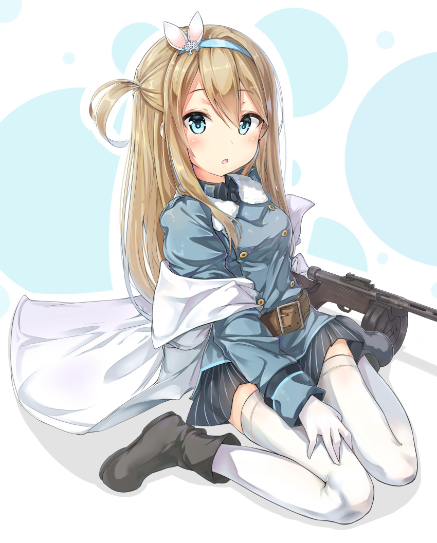 1girl :o absurdres bangs belt_buckle black_footwear blue_eyes blue_hairband blue_jacket blue_skirt blush boots brown_belt buckle cape commentary eyebrows_visible_through_hair girls_frontline gloves gun hair_between_eyes hair_ornament hairband highres jacket light_brown_hair long_hair long_sleeves looking_at_viewer ohshit one_side_up parted_lips sitting skirt snowflake_hair_ornament solo striped submachine_gun suomi_kp/-31 suomi_kp31_(girls_frontline) thigh-highs vertical-striped_skirt vertical_stripes very_long_hair wariza weapon white_cape white_gloves white_legwear