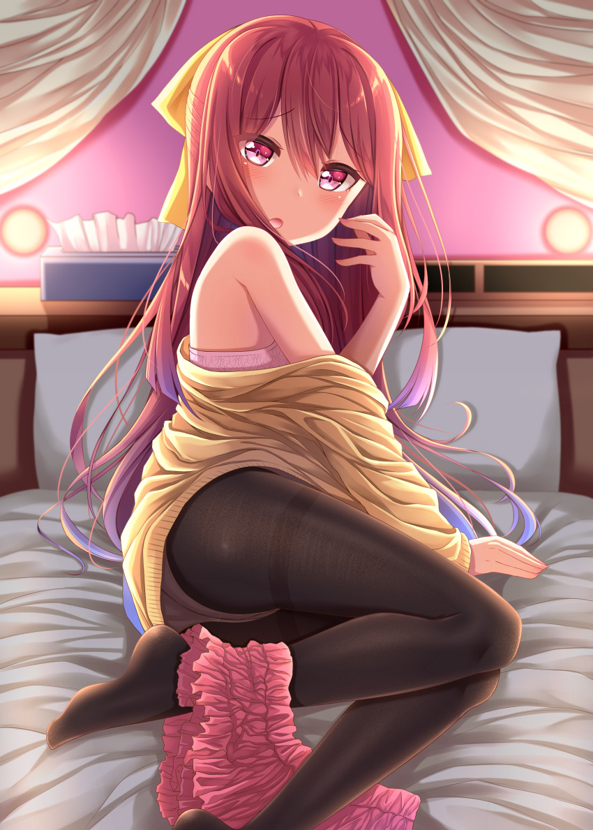1girl absurdres bed bow bra brown_legwear curtains feet frilled_skirt frills gurande_(g-size) hair_bow highres huge_filesize kamikaze_(kantai_collection) kantai_collection long_hair looking_at_viewer lying no_shoes on_side panties panties_under_pantyhose pantyhose pillow pink_bra pink_panties redhead skirt skirt_around_one_leg solo sweater thighband_pantyhose tissue_box underwear violet_eyes yellow_bow